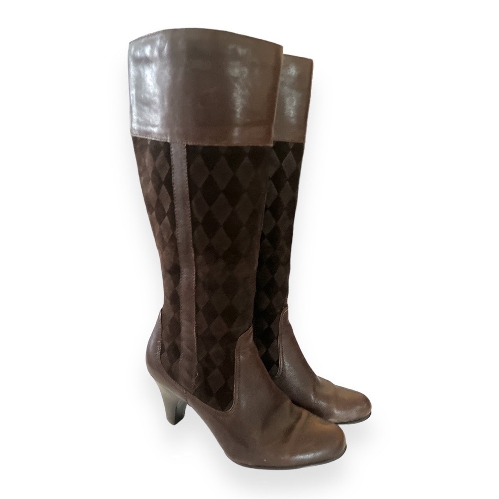 Born Brown Suede Leather Harlequin Heeled Boot Side Zip Stacked Heel Women’s‎ 9